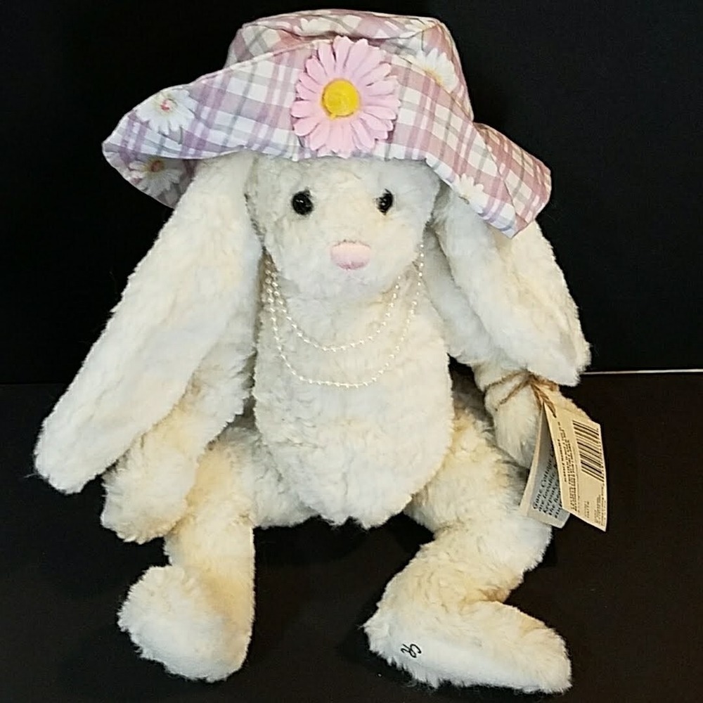 Hattie White Bunny Rabbit Cottage Collectibles Ganz 1997 Pearls Plaid Hat EASTER